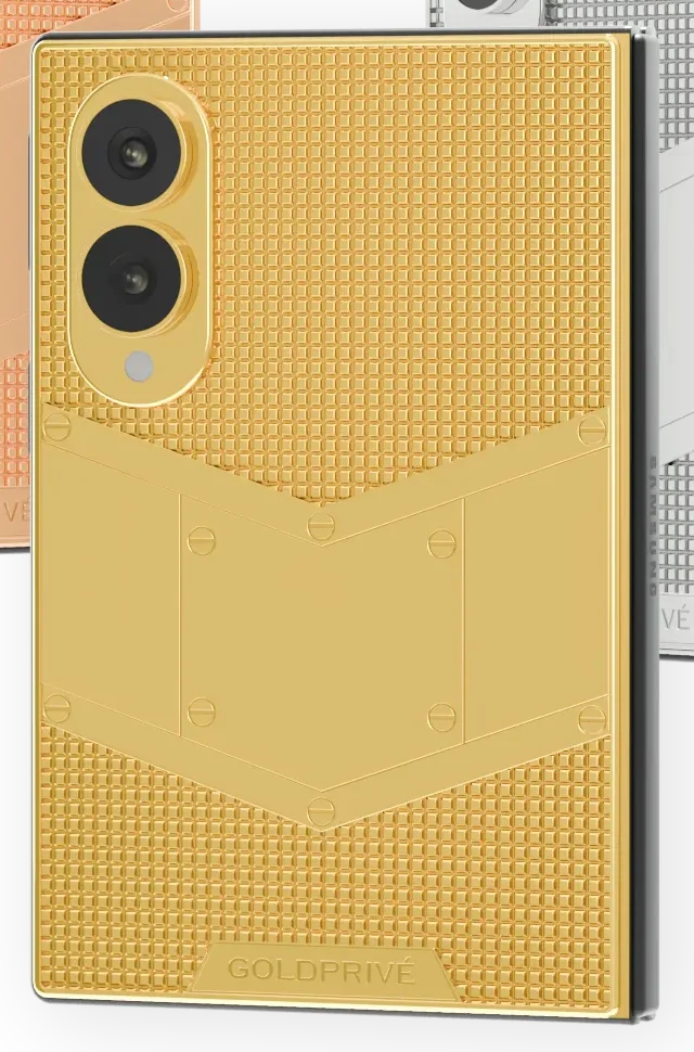 Obelisk Gold Samsung Galaxy Z Fold8 close-up of the 24K Gold pyramid texture and smooth chevron plate with screw fixings