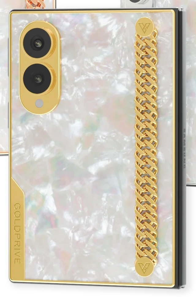 Regal Gold Samsung Galaxy Z Fold8 close-up in 24K Gold of the curb chain on mother of pearl