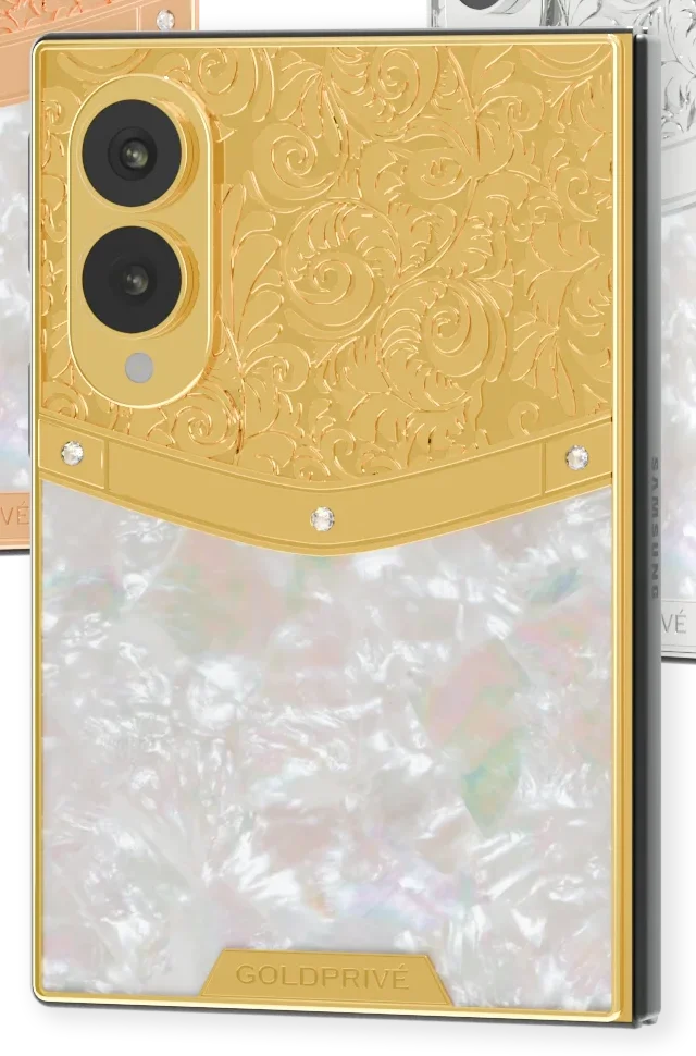 Royal Gold Samsung Galaxy Z Fold8 close-up in 24K Gold of the rose engraving, fixings and mother of pearl