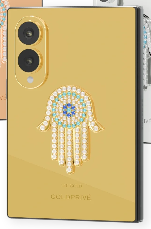 Hamsa Eye Amulet Gold Samsung Galaxy Z Fold8 close-up of the turquoise and blue eye in the white-stone hand on the 24K Gold back