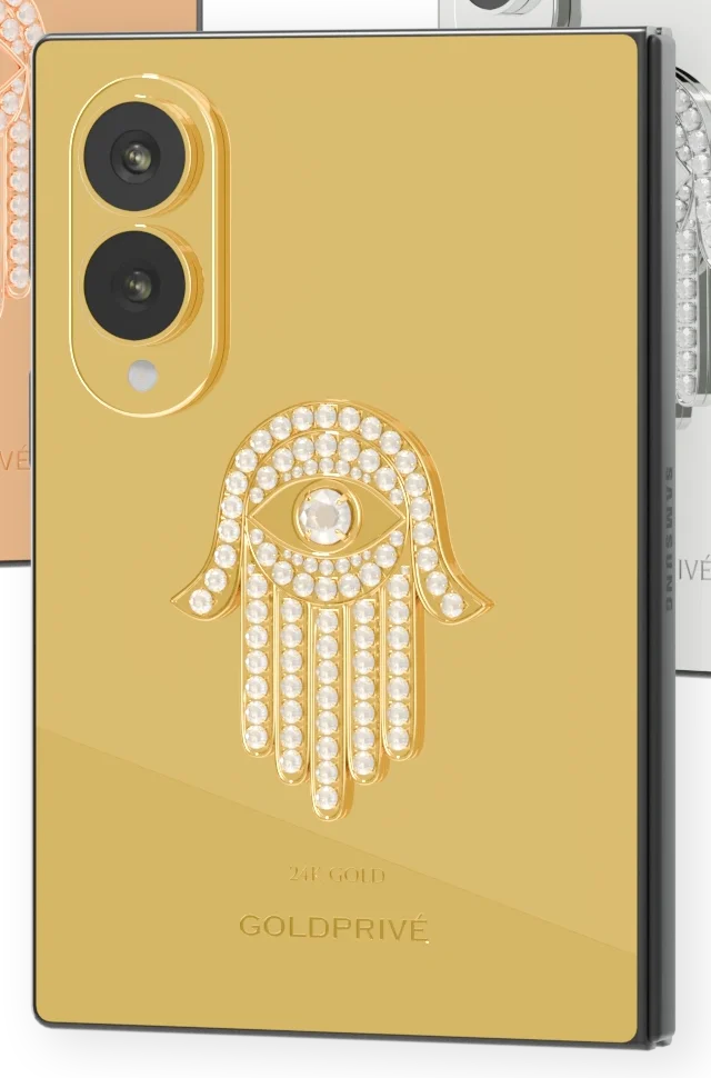 Seraphic Hamsa Blessing Gold Samsung Galaxy Z Fold8 close-up of the white-stone hamsa and its centre stone on the 24K Gold back