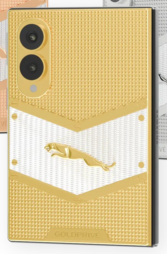 Sovereign Gold Samsung Galaxy Z Fold8 close-up of the 24K Gold jaguar, lined chevron and pyramid texture
